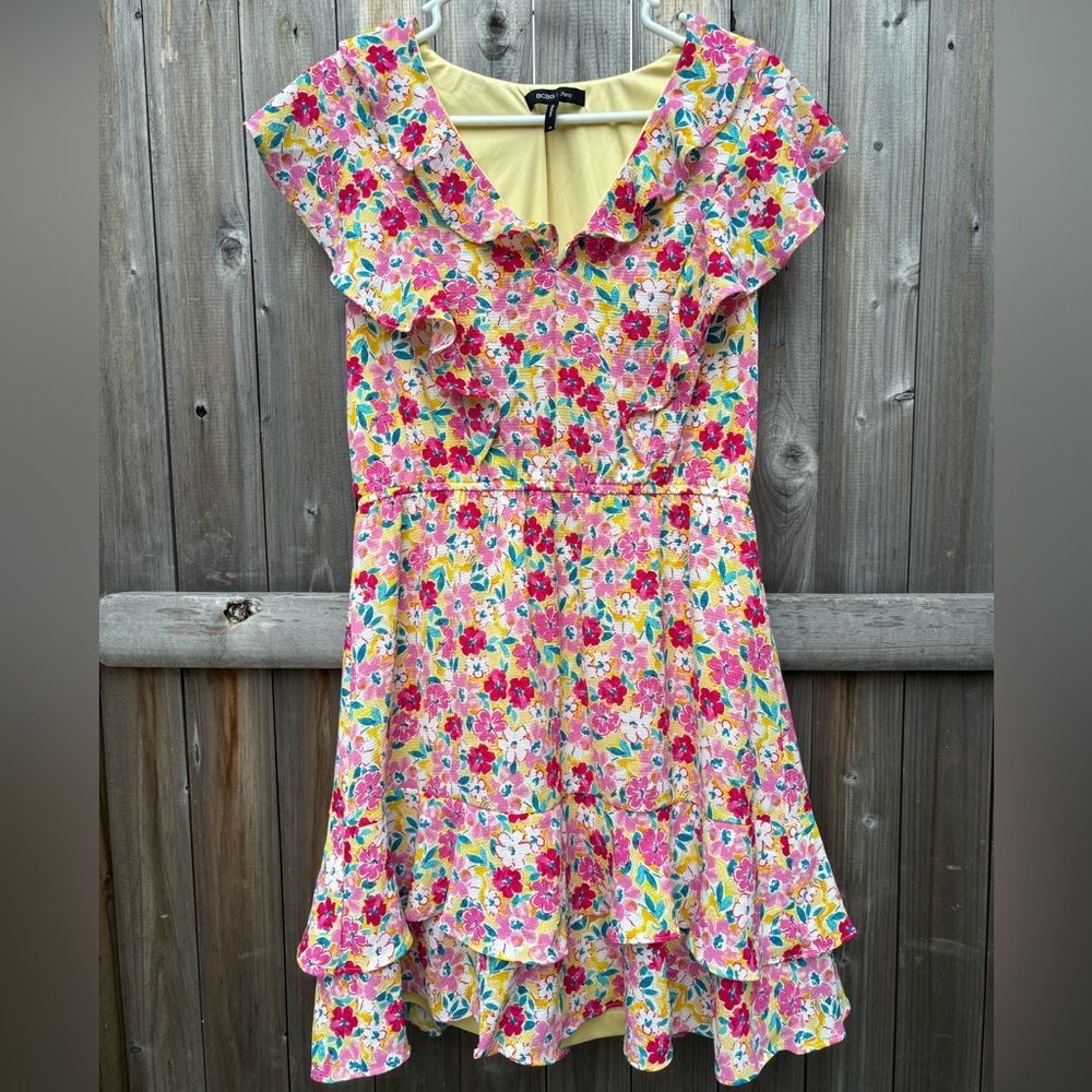 BCBG Paris Yellow Floral Ruffle Dress with Pink White and Red Flowers